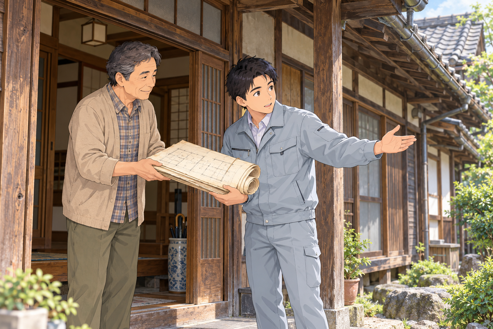 古い木造住宅の玄関先で、リフォーム会社の社員が施主から古い図面の束を受け取っている場面