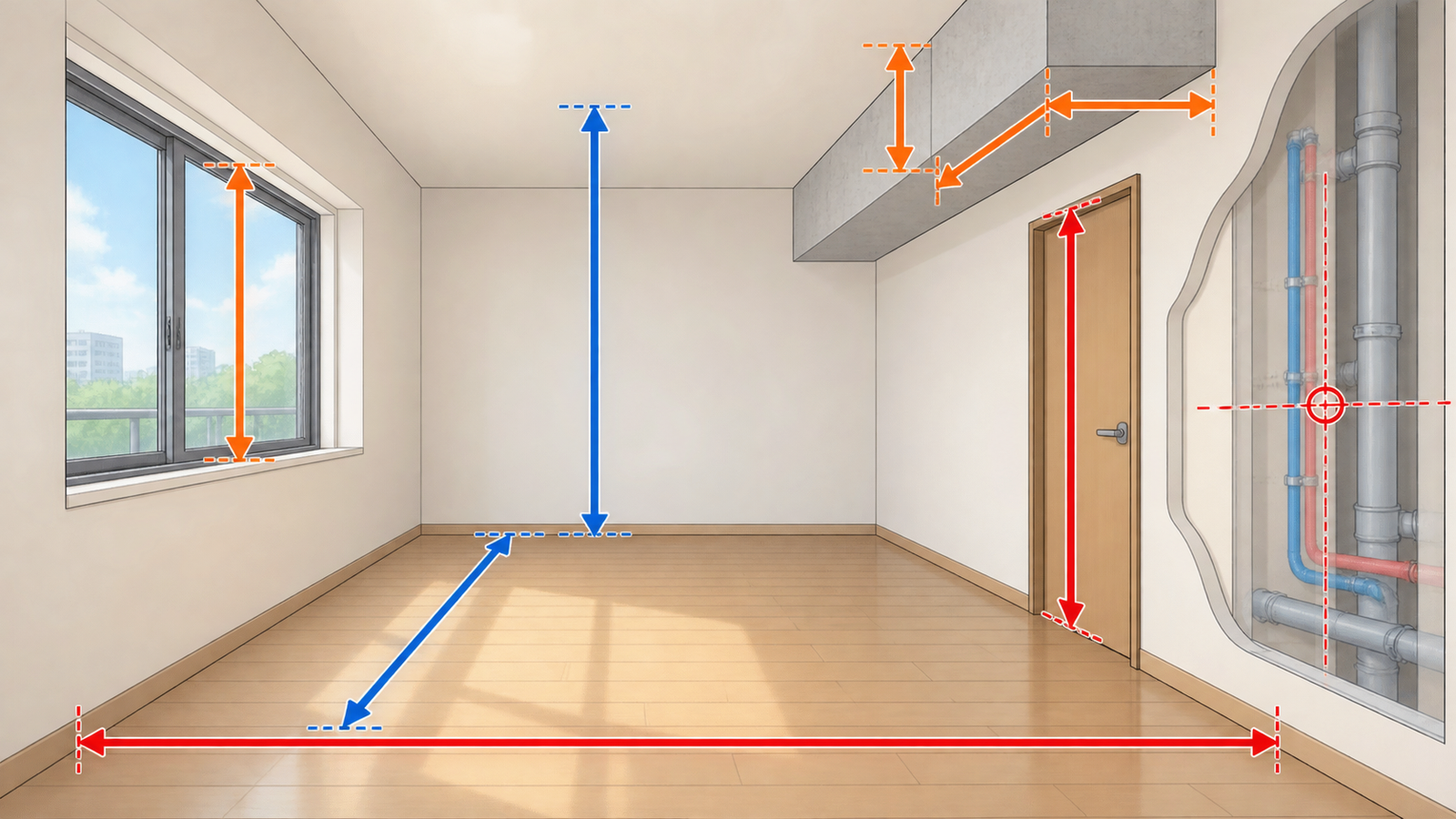 家具の無い部屋の図解。床の幅と奥行き、天井の高さ、窓とドアの高さ、梁の位置、壁の中の配管の位置に印が付いている