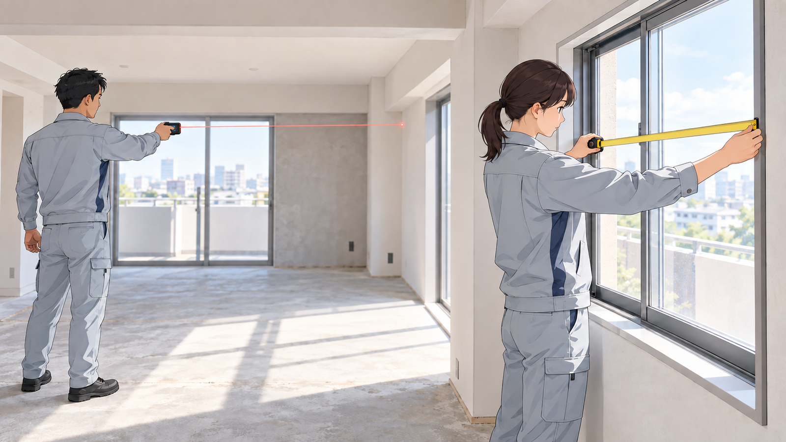 マンションの部屋で、社員がレーザー距離計を壁に向け、もう一人がメジャーで窓の幅を測っている場面