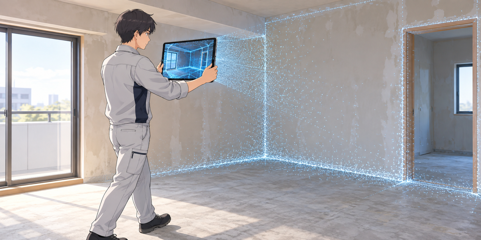 がらんとした部屋で、社員がタブレットを壁に向けてゆっくり動かし、画面に部屋の形が点の集まりで映っている場面