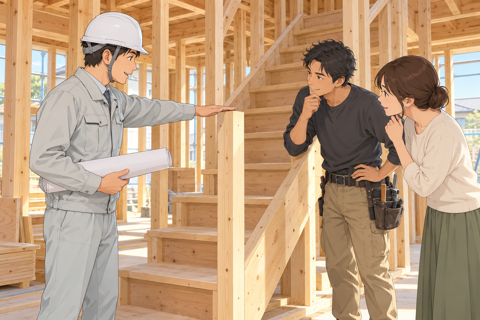 建てている途中の木造住宅の階段の前で、現場監督と大工と施主が、手すりの高さを手で示しながら話している場面