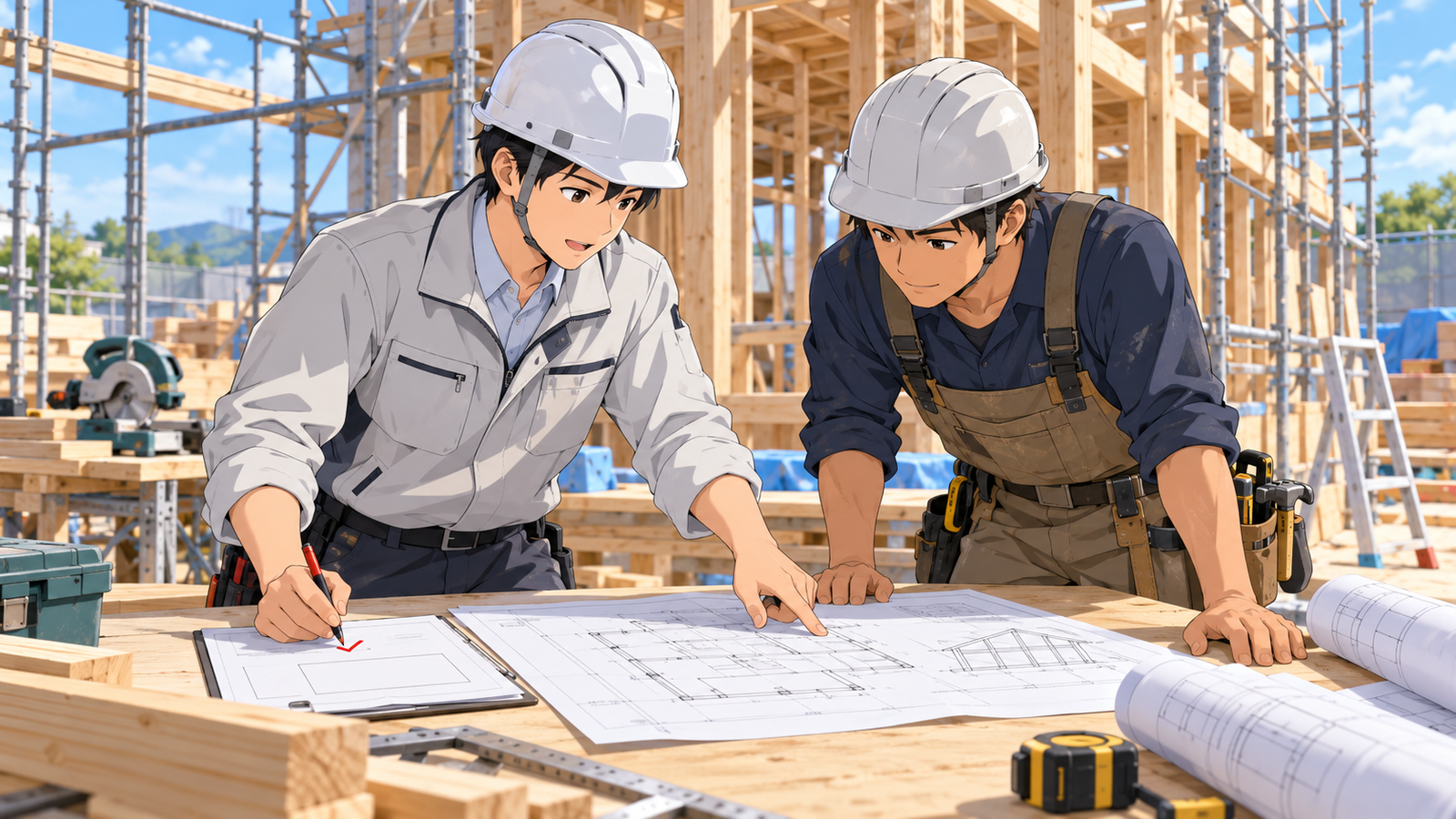 現場の仮設の机で、現場監督が変更した図面を大工に見せ、変更の書面に印を付けている場面