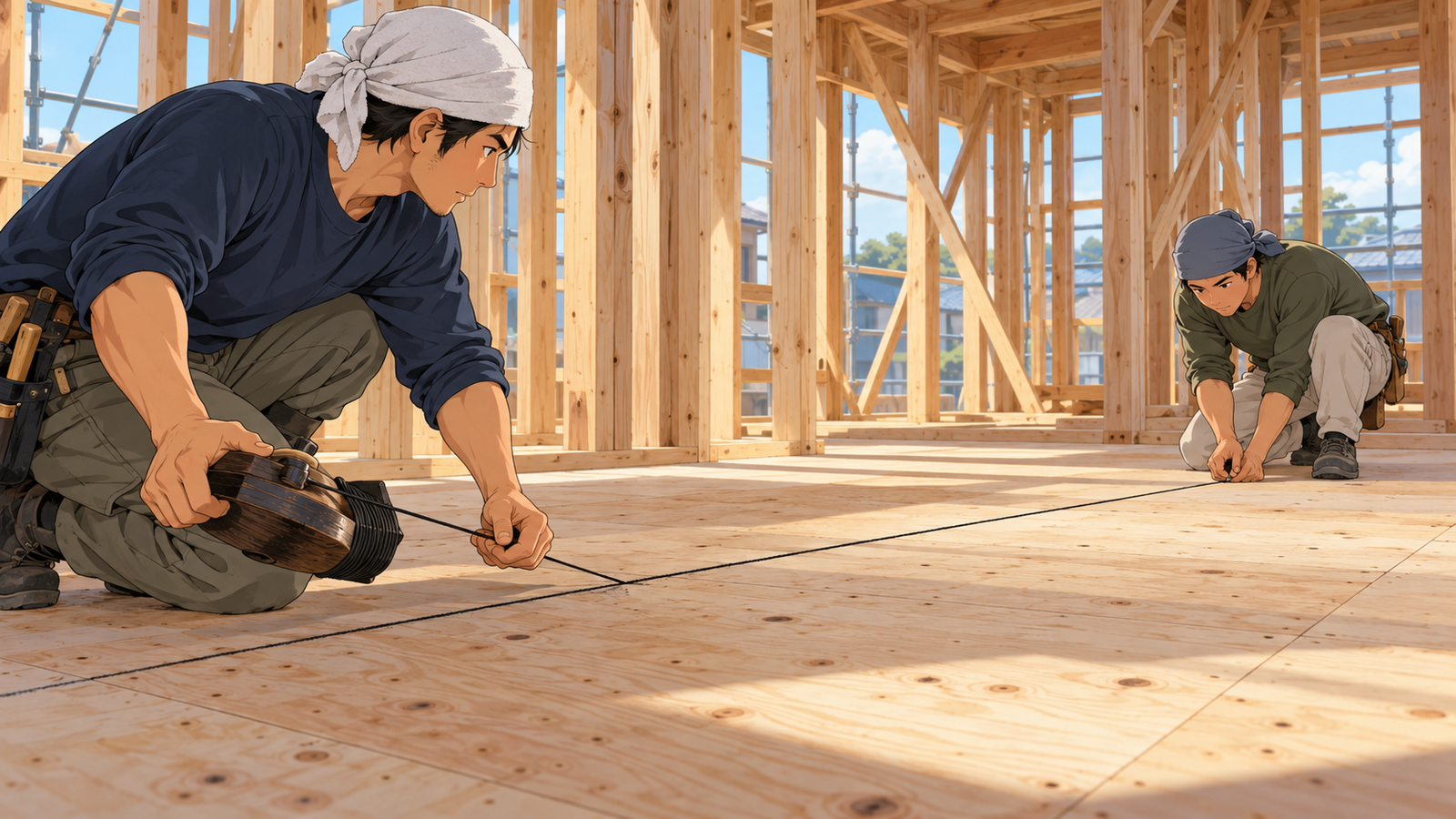 建てている途中の木造住宅の床で、二人の職人が床に墨の線を引いている場面