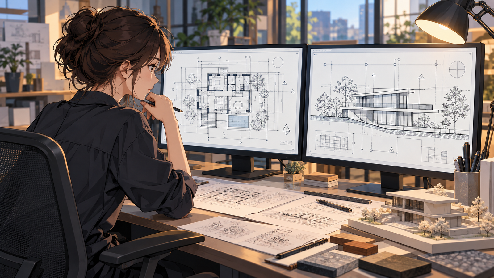 設計事務所の机で、若い設計者が2つのモニターに同じ建物の図面を開き、線や文字を見比べている場面