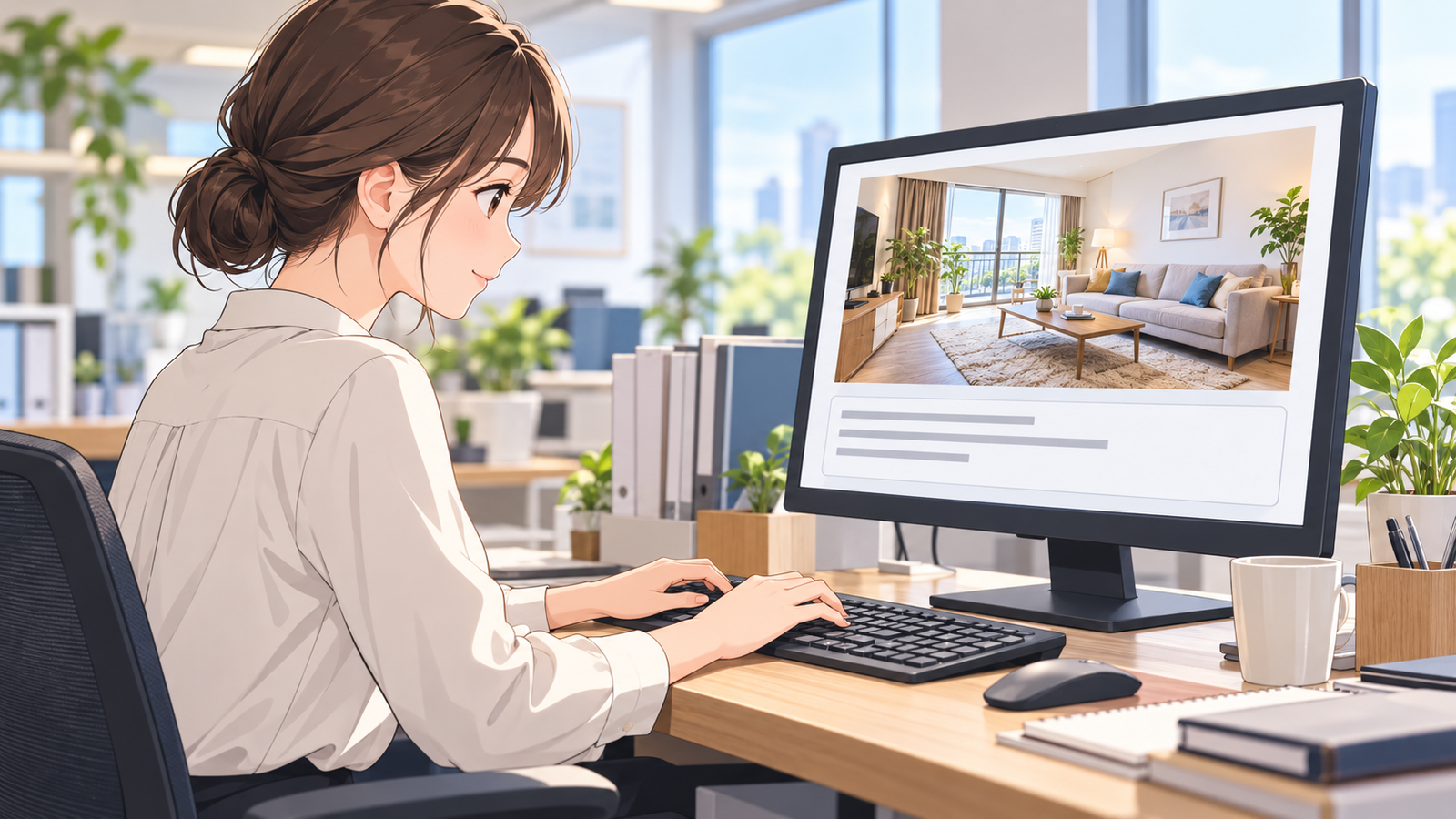 不動産会社の机で、若い社員がパソコンの画面の家具入りの部屋の画像の下に、説明の文を打ち込んでいる場面