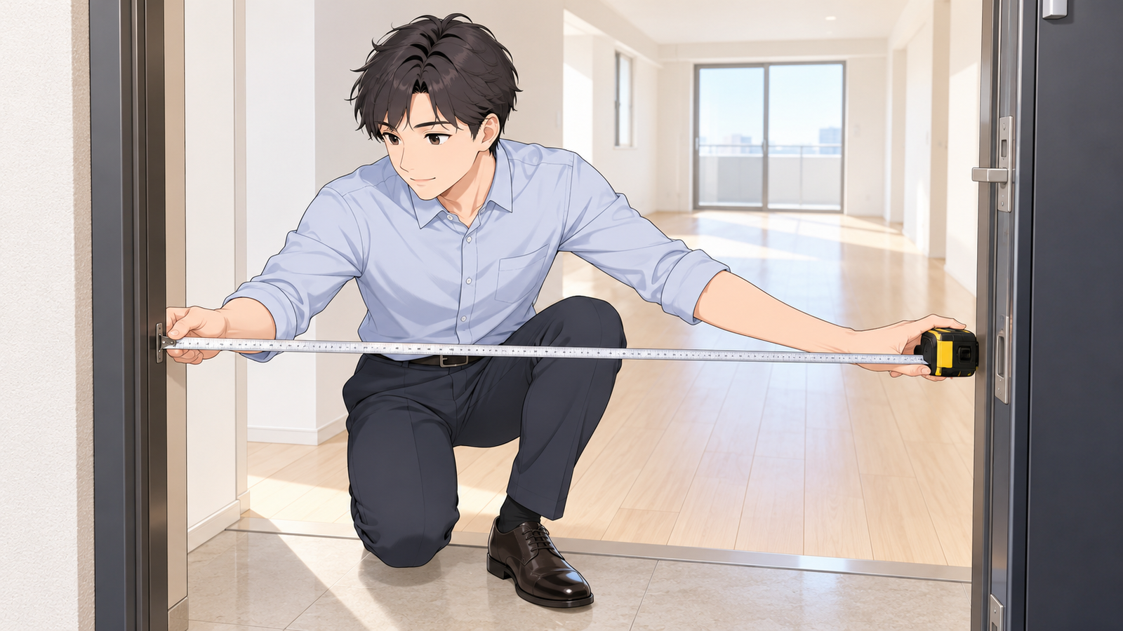 家具の無いマンションの部屋で、若い社員がメジャーで玄関のドアの幅を測っている場面