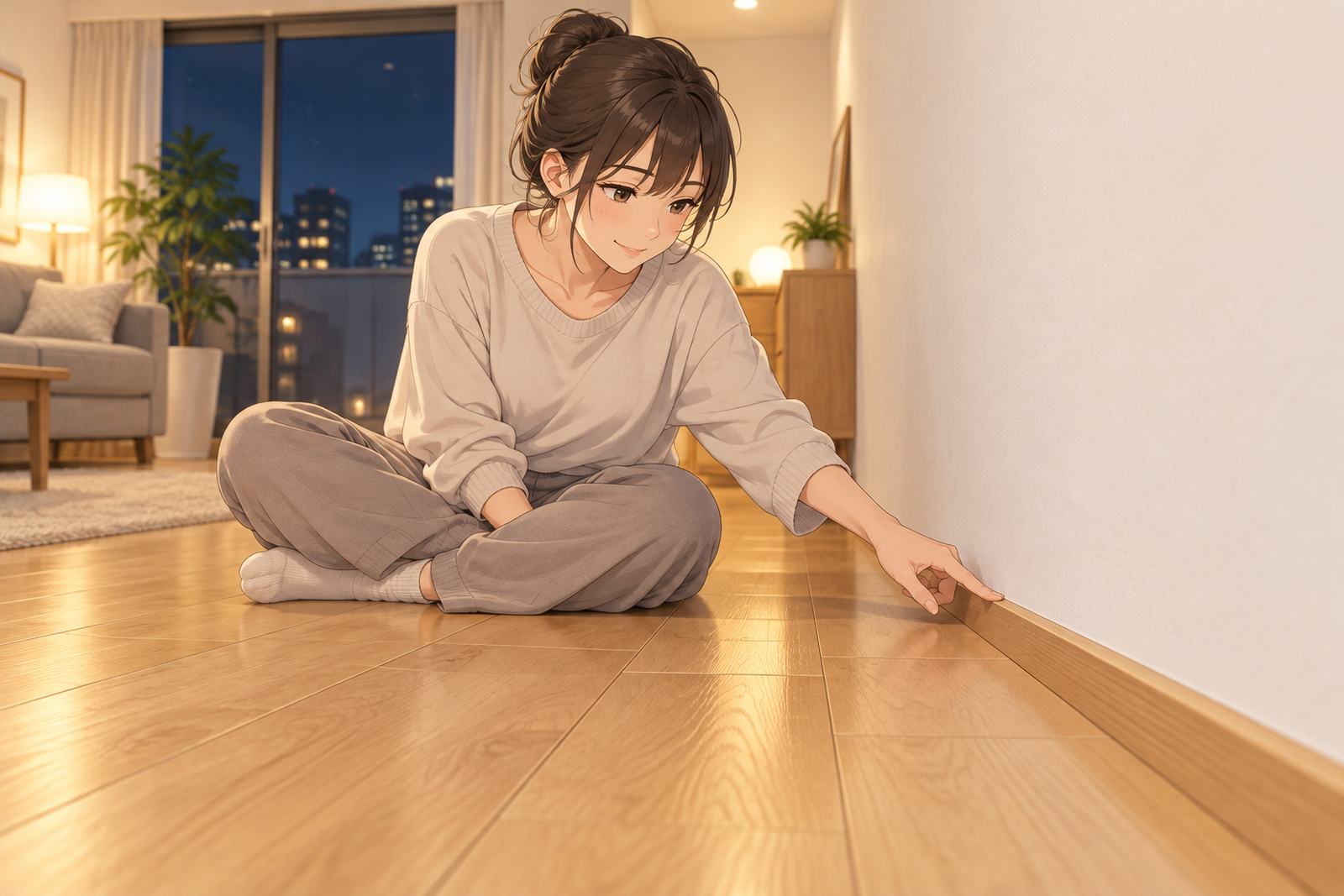 仕上げが終わった洋室の床に座り、若い人が壁の下の巾木を指でなぞっている場面