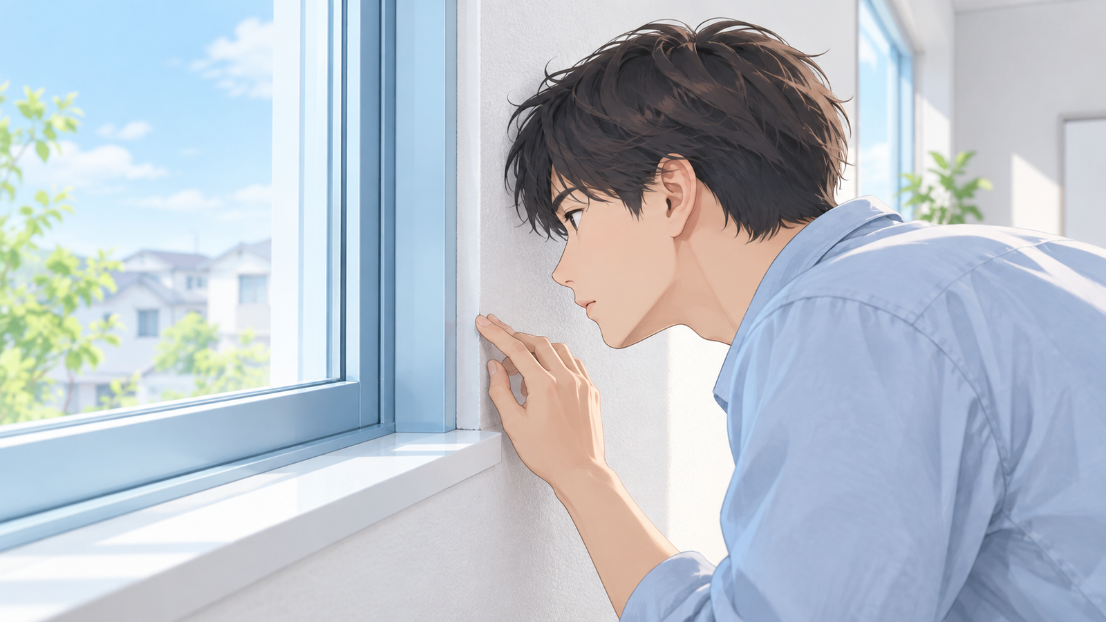 建ったばかりの家の室内で、若い人が窓枠と壁の境目に顔を近づけて見ている場面