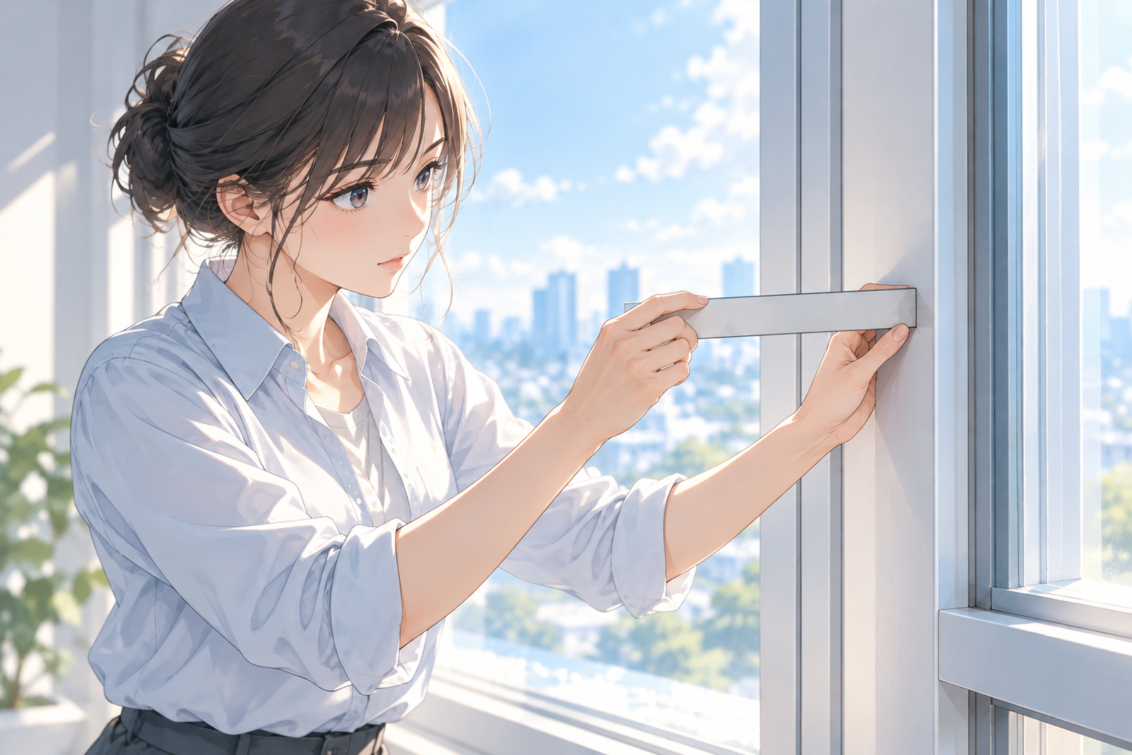 窓辺で、若い設計者が窓枠の横に定規を当て、枠の奥行きを測っている場面