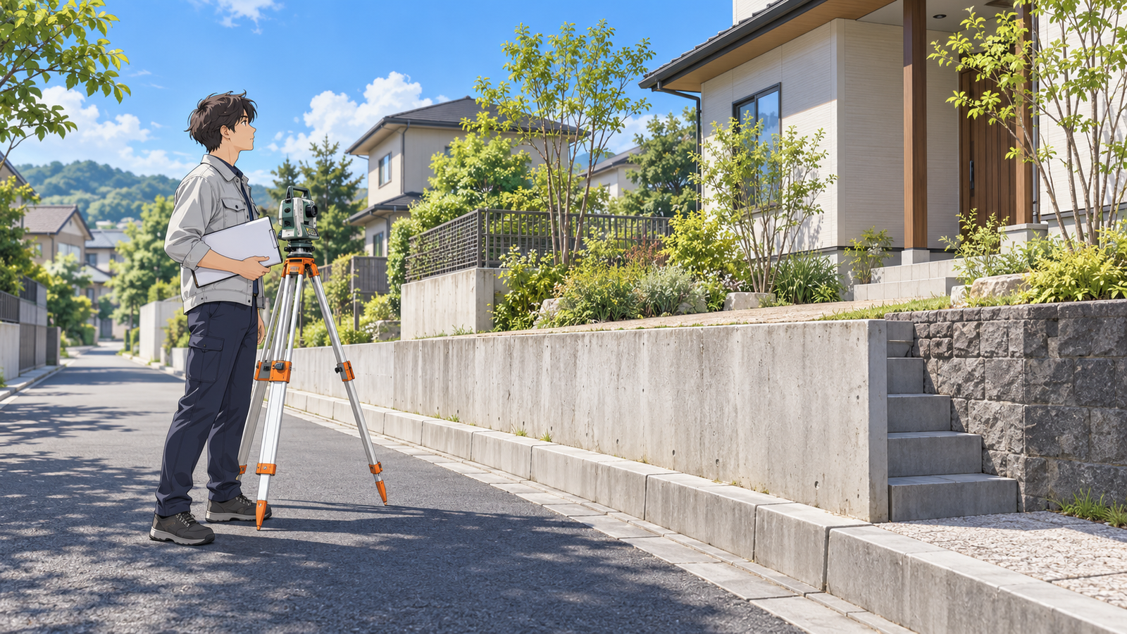 家の前の道路で、若い設計者が測量の三脚の横に立ち、敷地と道路の高さの差を見ている場面