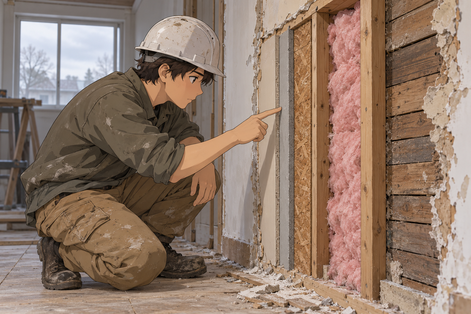 解体中の壁の断面の前で、若い作業者がしゃがみ、壁の中の層を指で数えている場面