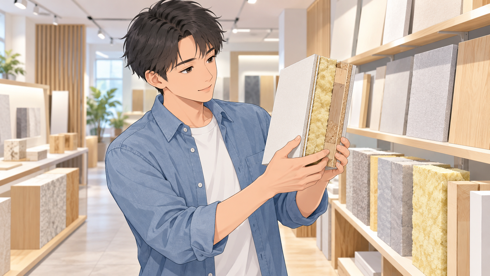 建材の展示場で、壁の断面の見本を手に取って見ている人
