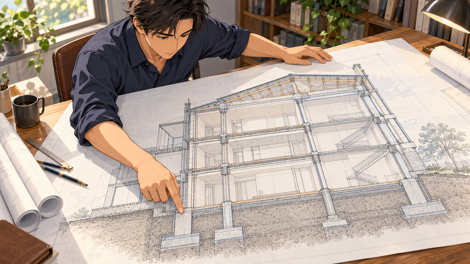 建物を縦に切った断面の図面を、基礎から指でたどる人