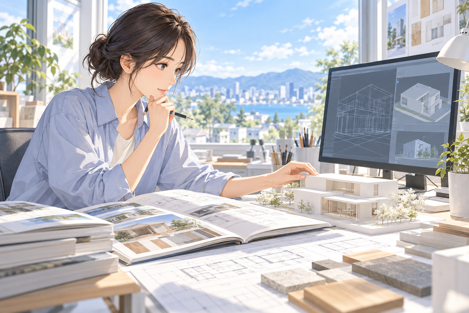 本を開き、画面と模型を見比べながら調べている人