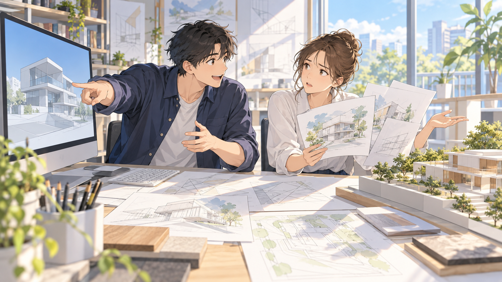 画面を指さして話す人と、絵を手に戸惑っている人