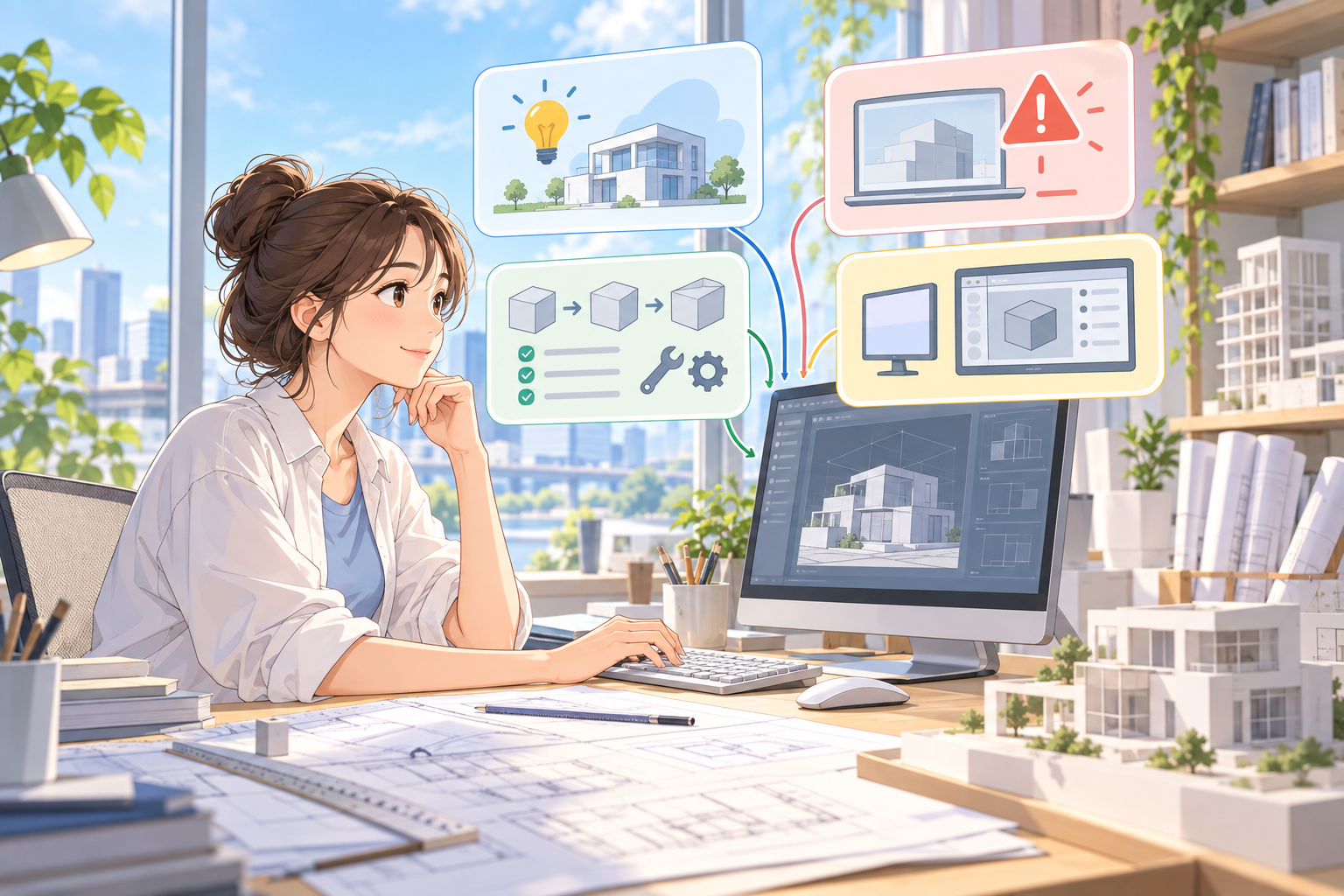 質問に書くことを4つの枠に分けて思い浮かべながら、画面に向かう人