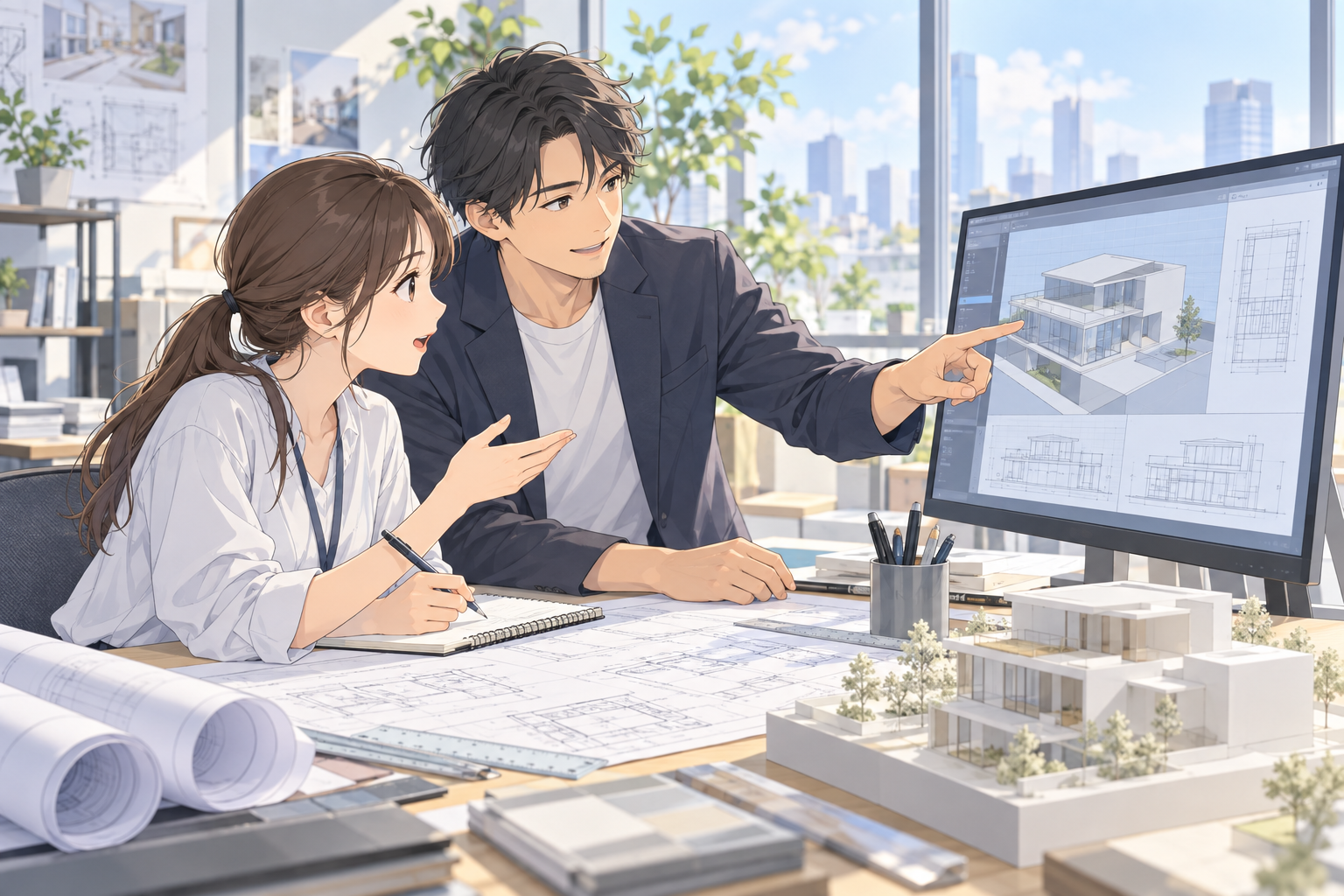 先輩にパソコンの画面を見せながら質問している人