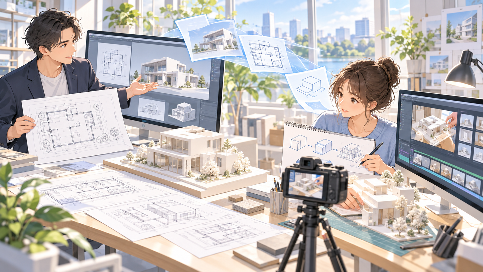 図面と画面を示して説明する人と、その説明をもとに動画を撮っている人