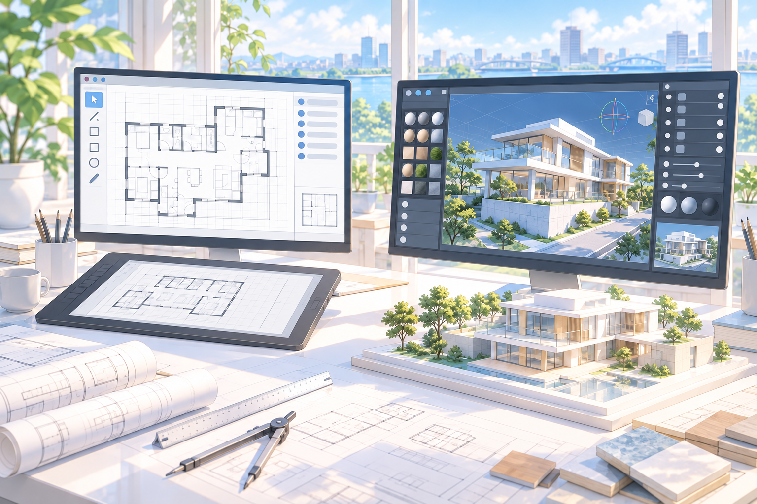 左の画面に平面図を描くCAD、右の画面に建物の3DCGを作るソフト