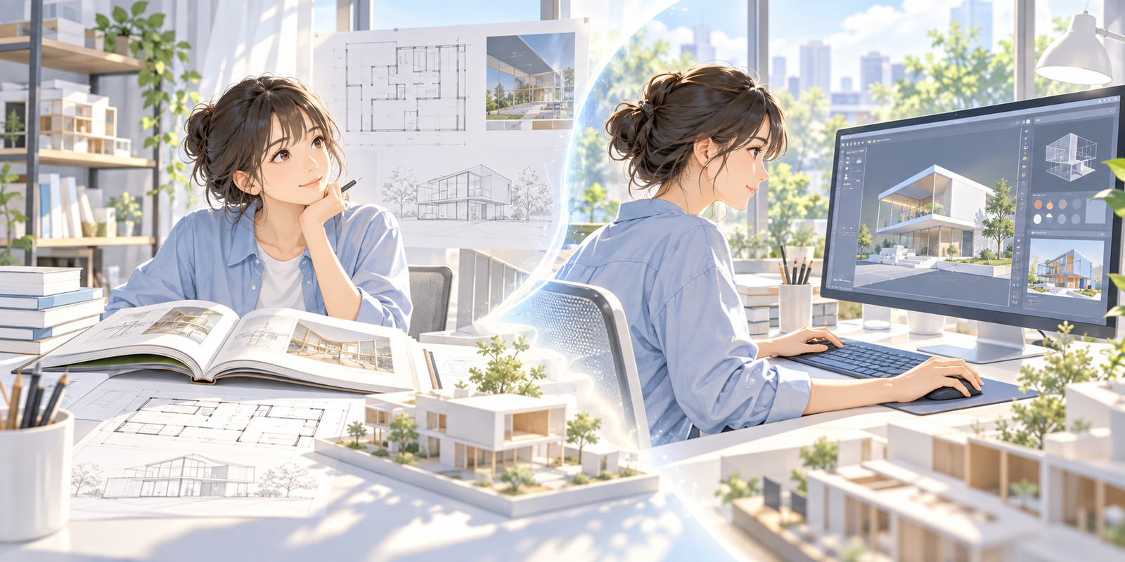 本を読んで考える人と、パソコンで3DCGを作る人を左右に並べた絵