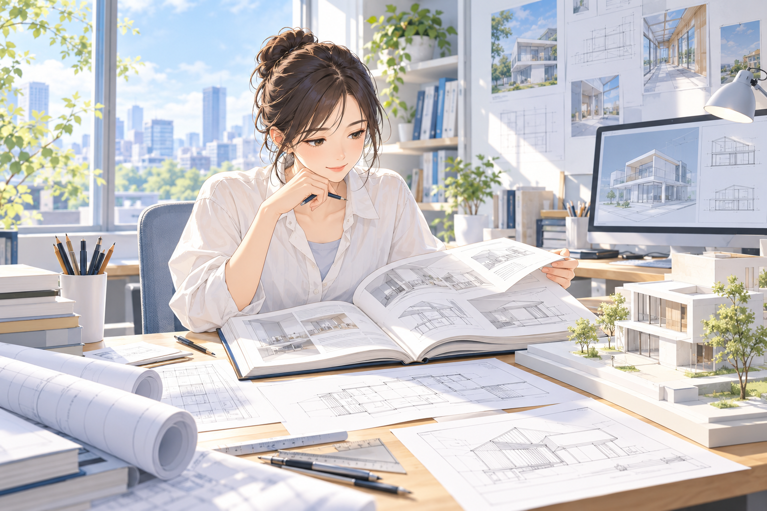 机に建築の本と図面を広げて読んでいる人