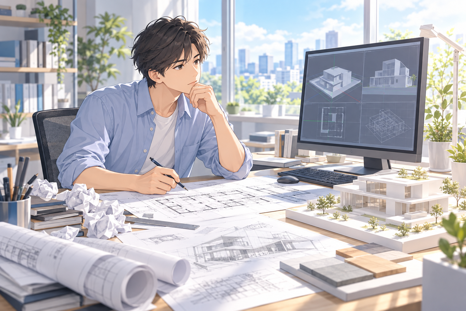 図面と画面を前に、手を止めて考え込んでいる人