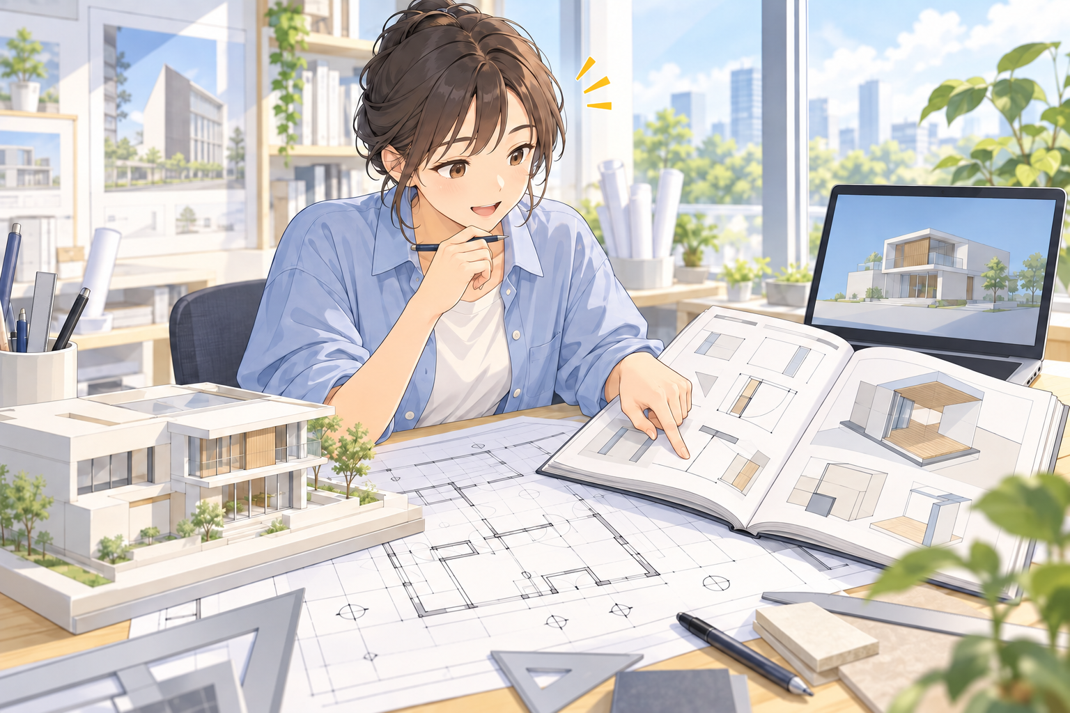 図面の横に本を開き、分からない記号を指でたどっている人