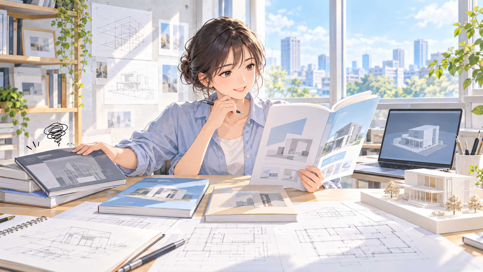 机に何冊も本を並べ、別の本を開いて読み比べている人