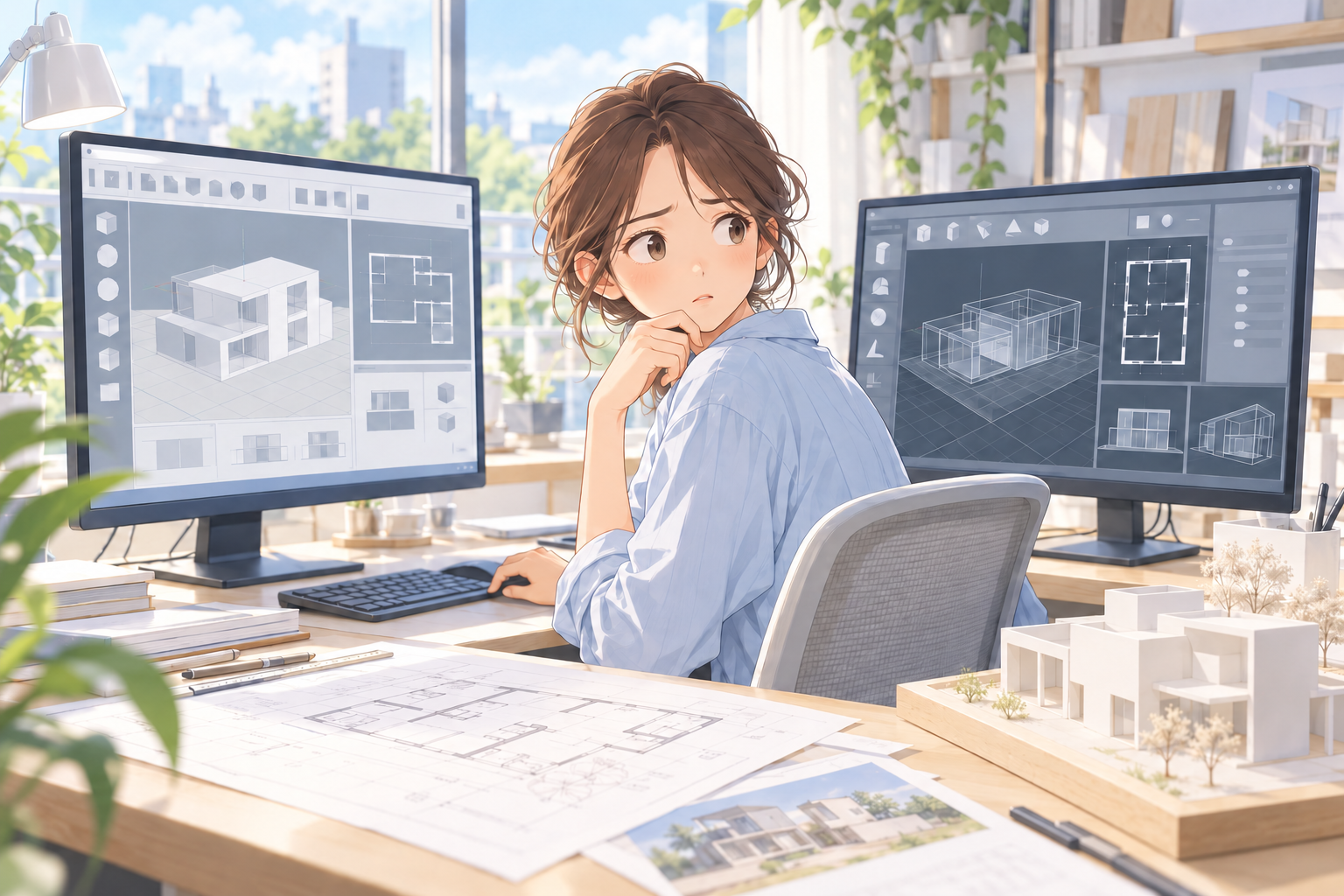 画面の違う2つのソフトの画面を見比べて、首をかしげている人