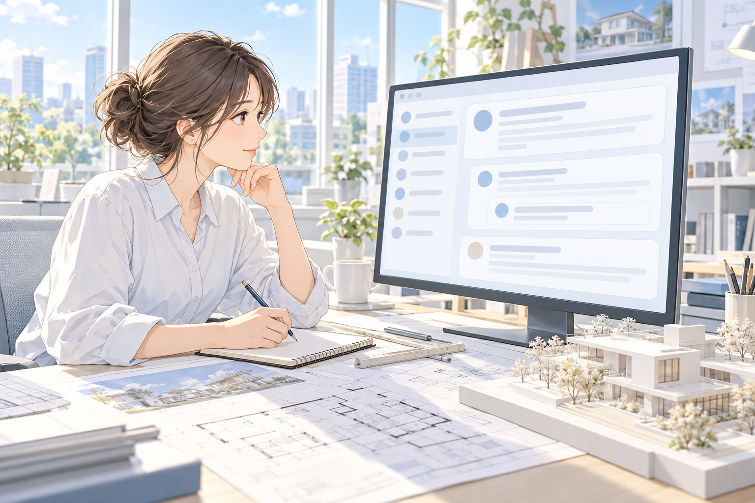 掲示板の書き込みを読みながら、メモを取っている人