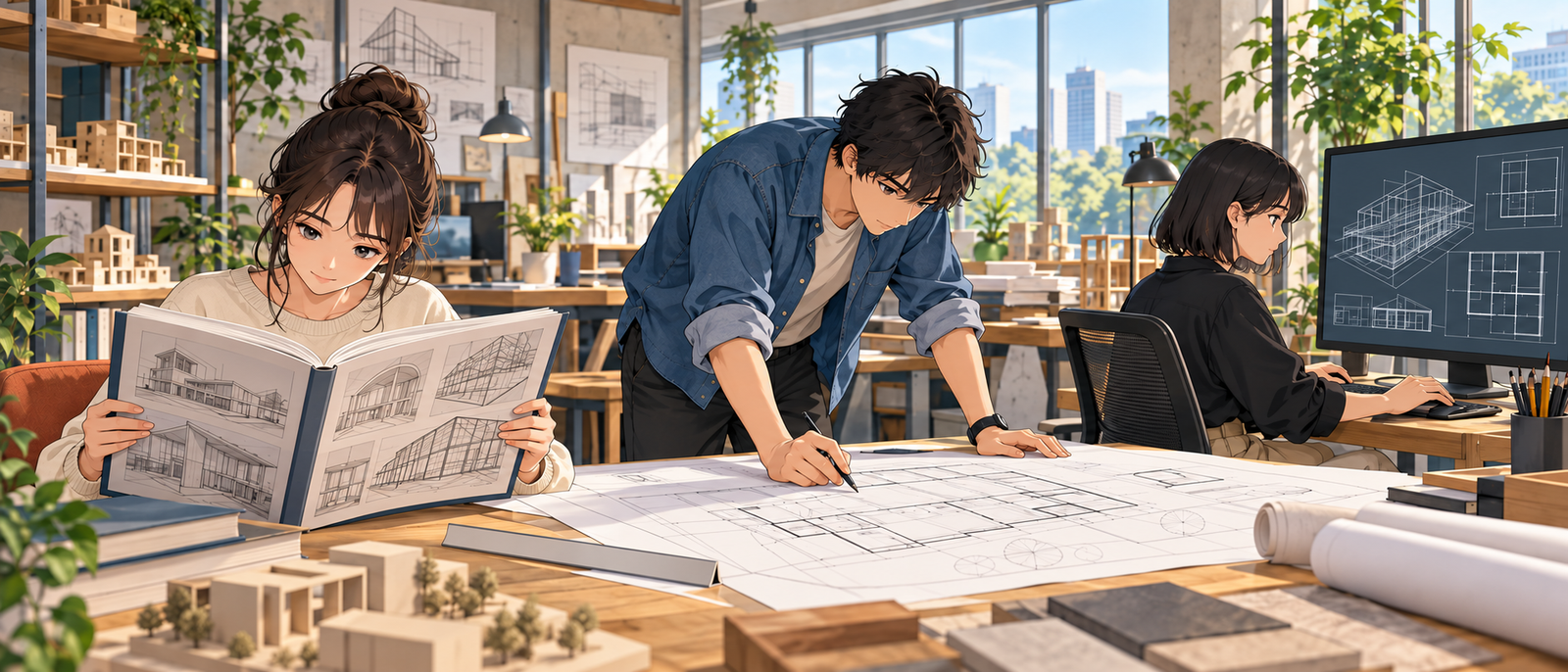 建築の本を読む人、机で図面を見る人、CADの画面に向かう人