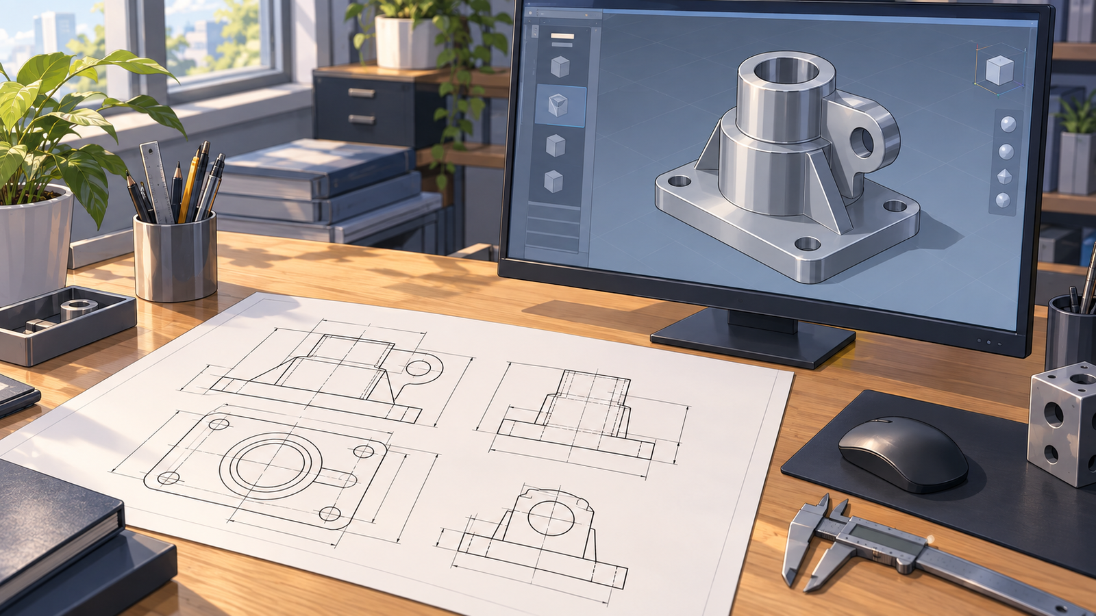 机の上に、部品の平面の図面を印刷した紙と、部品の立体のモデルを映したパソコンを並べた様子