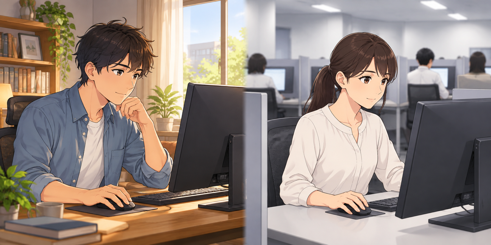 自宅のパソコンで試験を受ける人と、試験会場のパソコンで受ける人