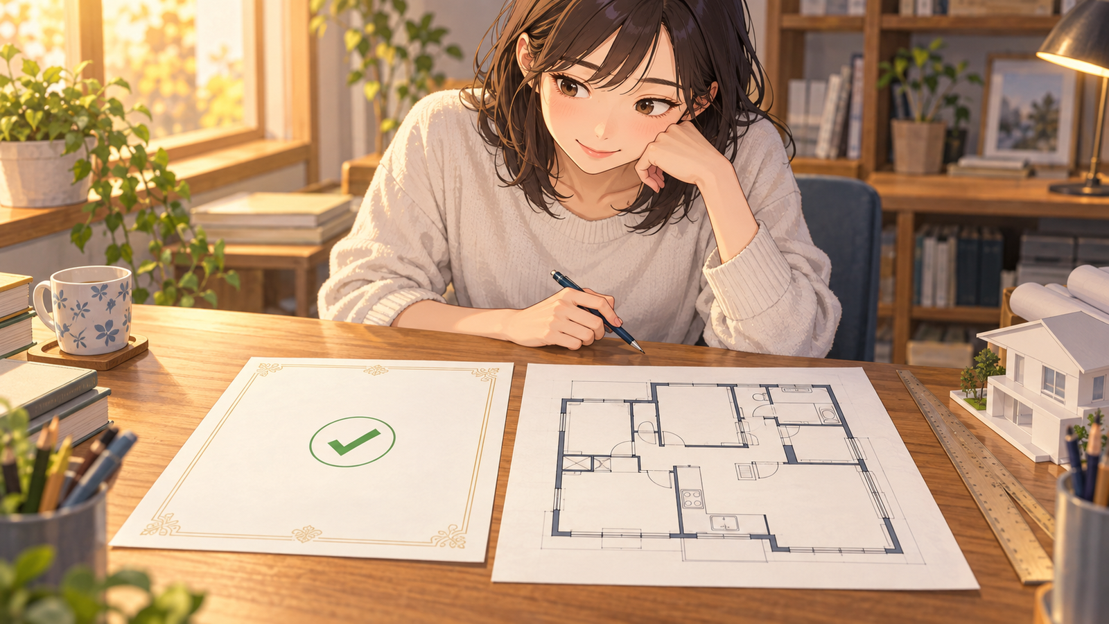 合格の通知の紙と、自分で作図した住宅の平面図を机に並べて見比べている人
