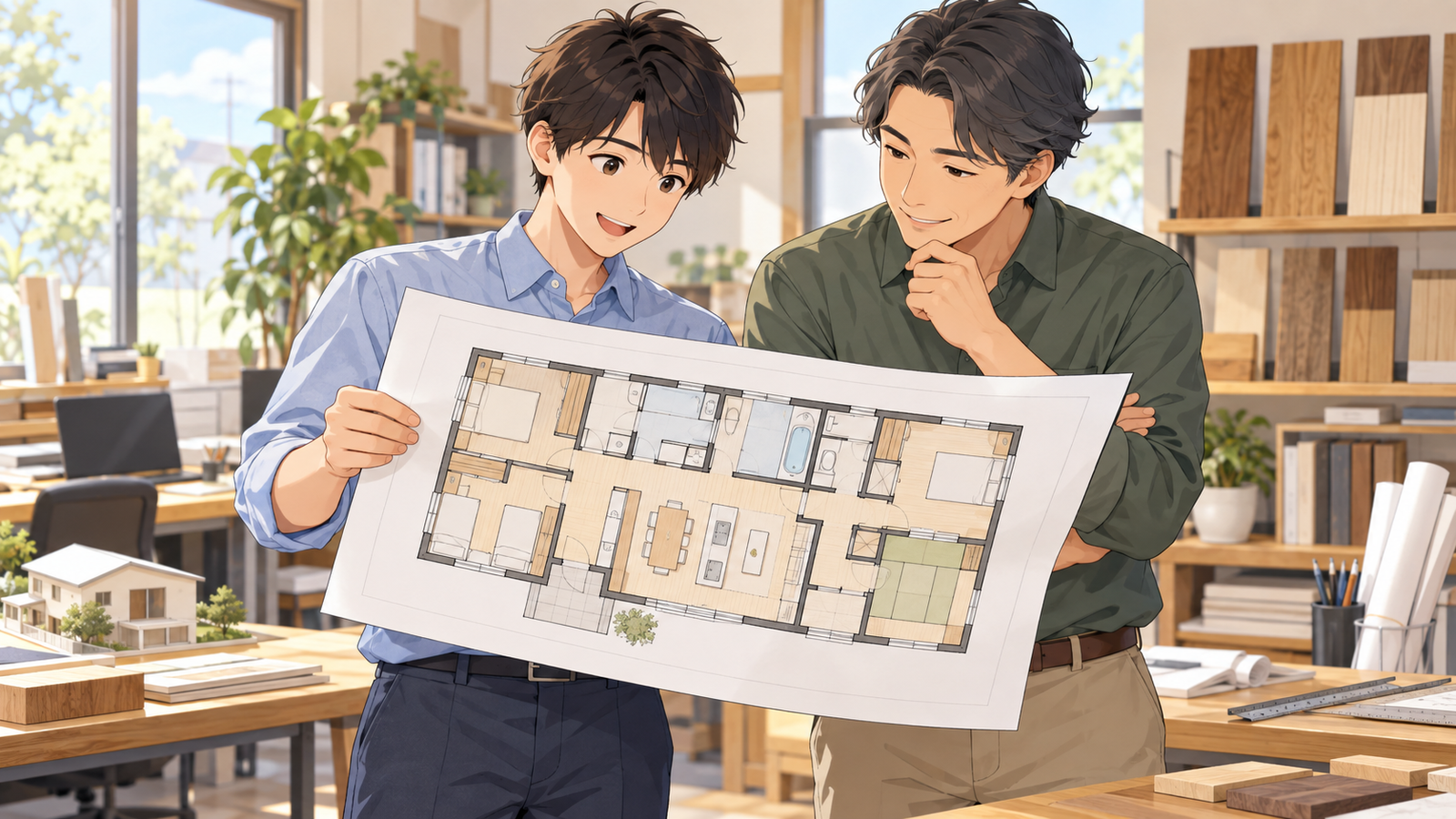 工務店の事務所で、自分が作図した住宅の平面図を先輩に見せている人