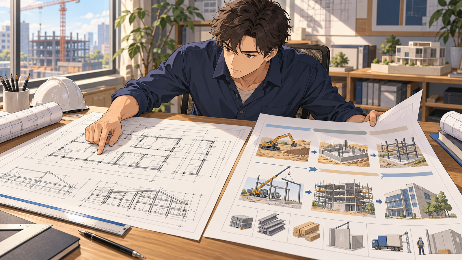 机の上に、建物の図面と、工事の流れを絵で並べた資料を広げて読み比べている人