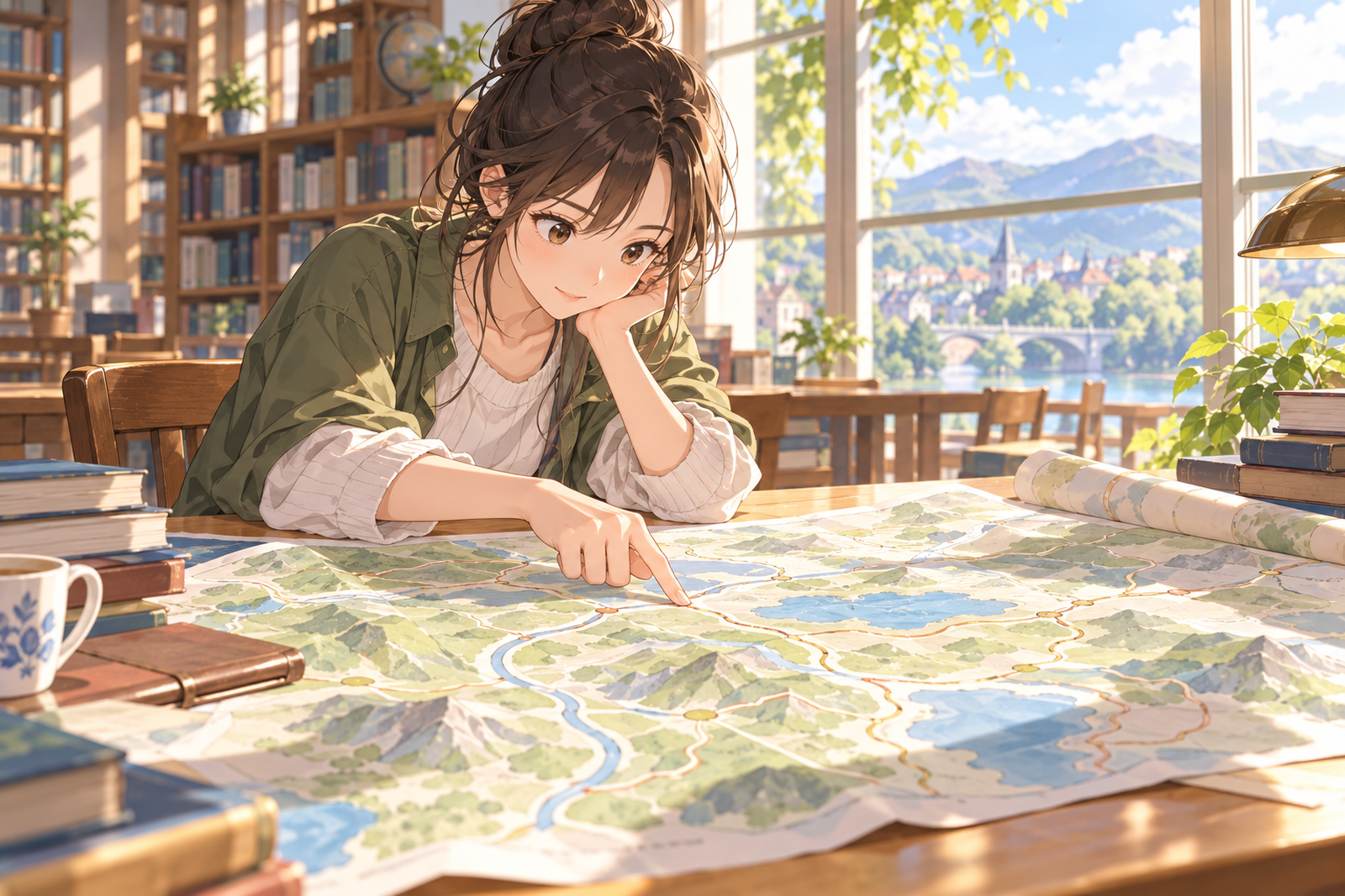 図書館の机に広げた地図の道を、指でたどっている人
