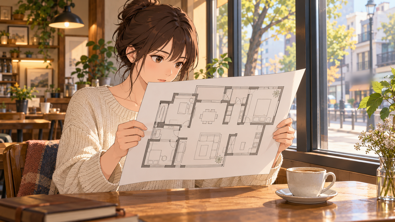 カフェの窓際で、住宅の平面図を両手で持って読んでいる人