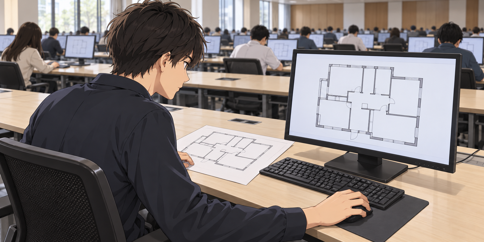 試験会場で、横に置いた住宅の平面図を見ながら、パソコンで同じ平面図を作図している人