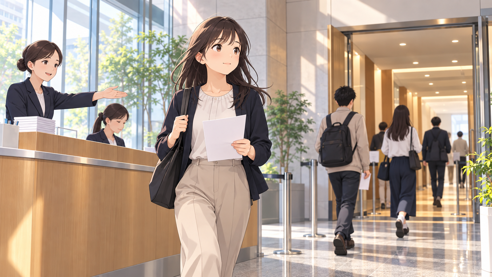試験会場の受付で、受験票を手に会場の奥へ歩き出す人