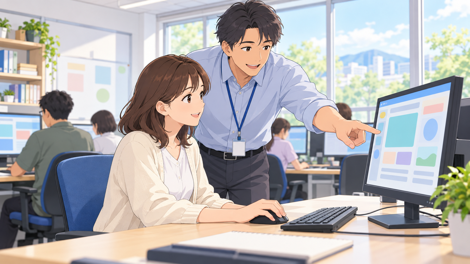 職業訓練の教室で、パソコンに向かい、横から講師に画面を指さして教わっている人