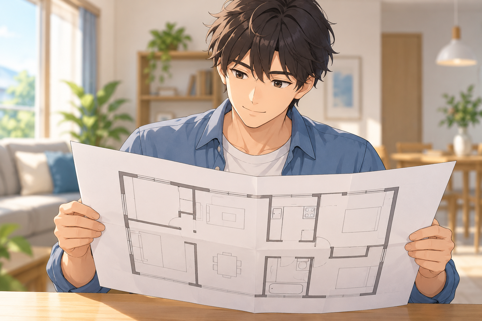住宅の間取りの図面を両手で持って読んでいる人
