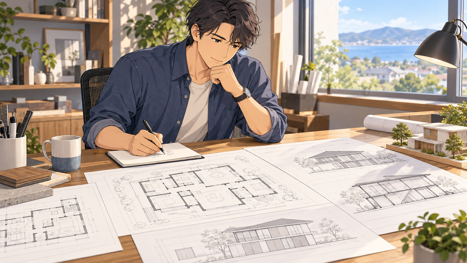住宅の図面一式を机に広げ、メモを取りながら読んでいる人
