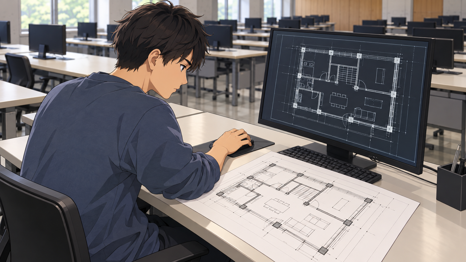 試験会場で、横に置いた課題の平面図を見ながら、パソコンで同じ平面図を作図している人