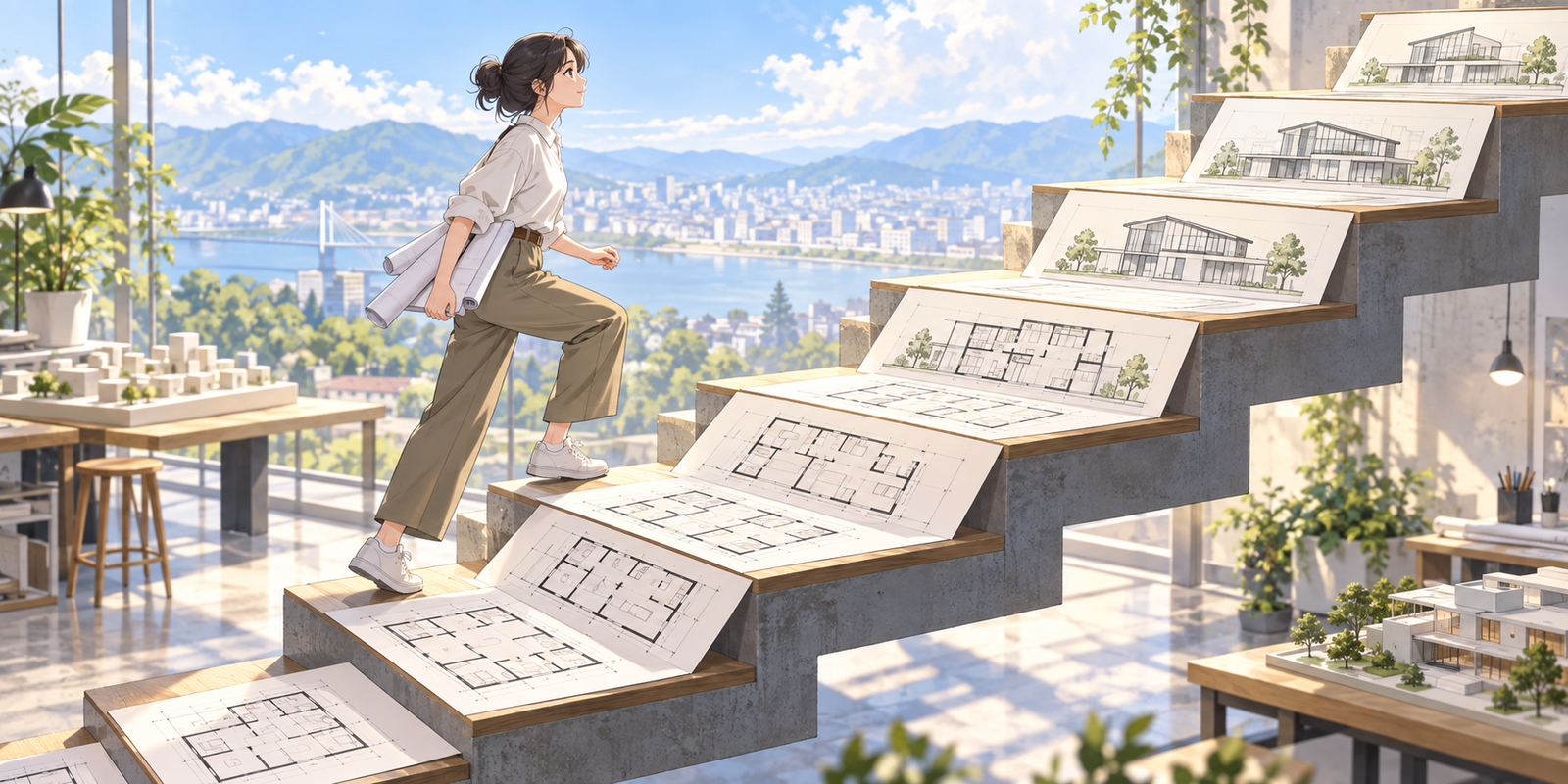 建物の図面が段ごとに置かれた階段を、1段ずつ上っていく人