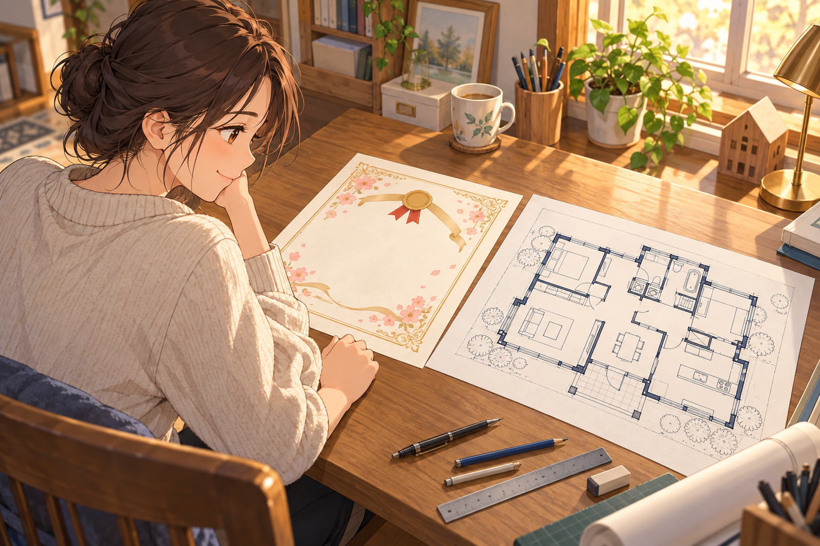 合格の通知の紙と、自分で作図した住宅の平面図を机に並べて見ている人