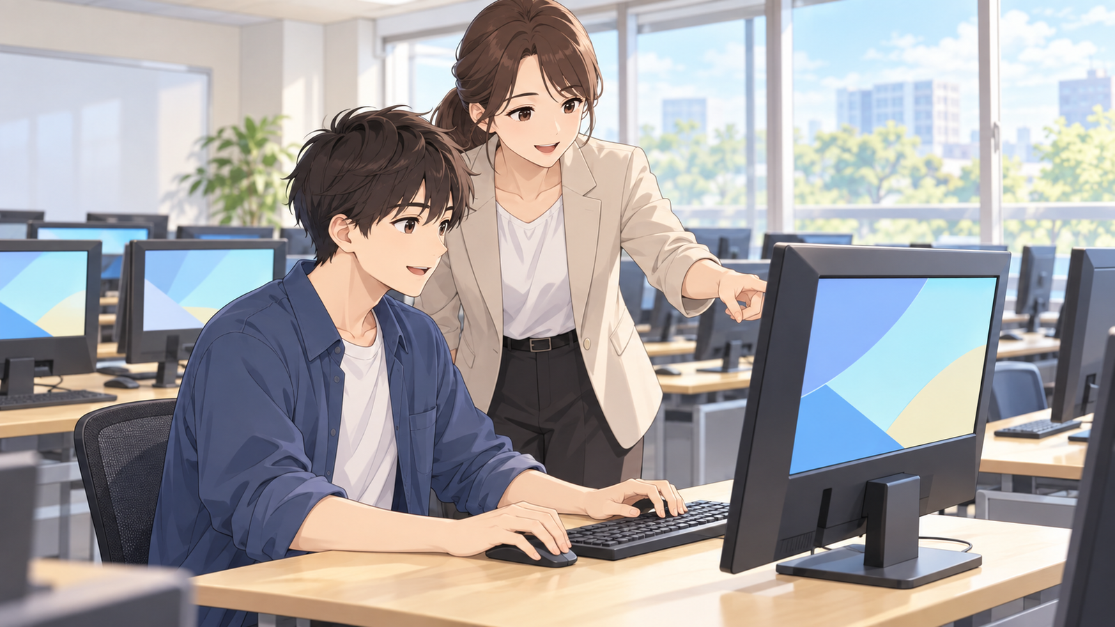 職業訓練の教室で、パソコンに向かい、横から講師に画面を指さして教わっている人