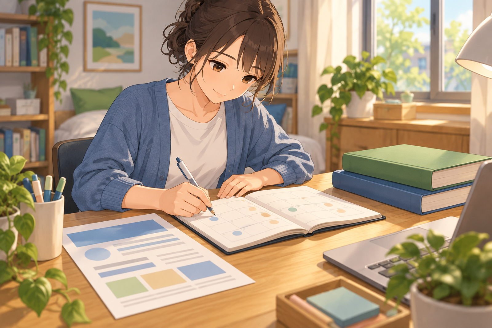 受講の案内の紙と教科書を机に置き、手帳に予定を書き込んでいる人