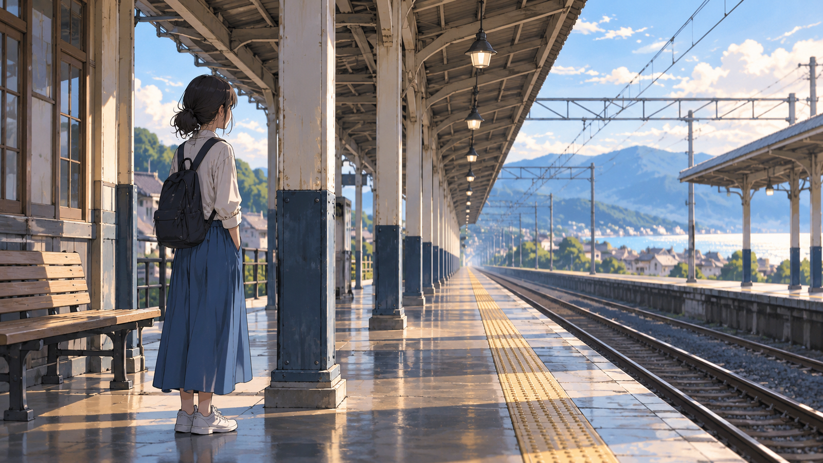 駅のホームで、奥へ行くほど小さく見える柱を眺めている人