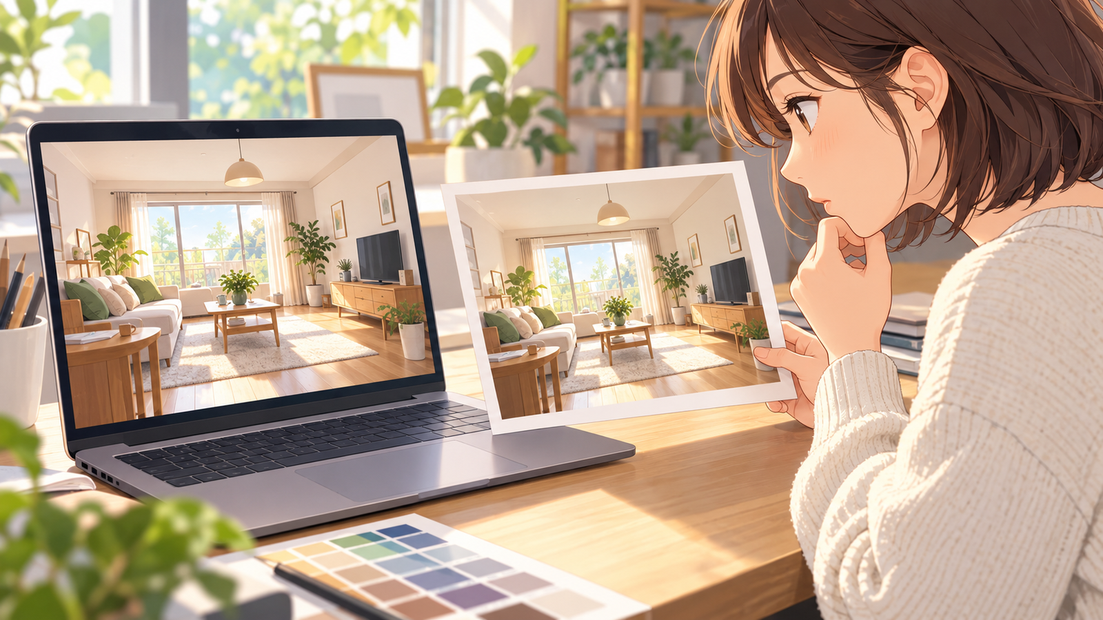画面に映る部屋の絵と、印刷した同じ絵の色を見比べている人